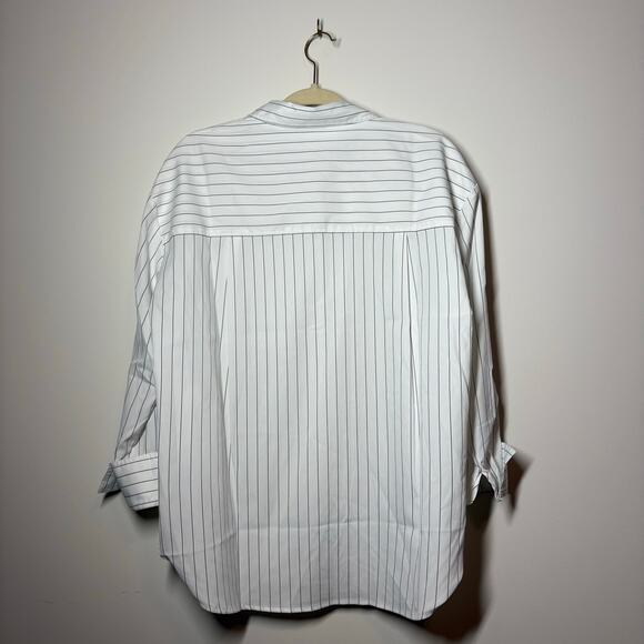 Modern Works Top Women M White Black Stripe Button Up Minimal Career Modest Prep - Picture 3 of 6